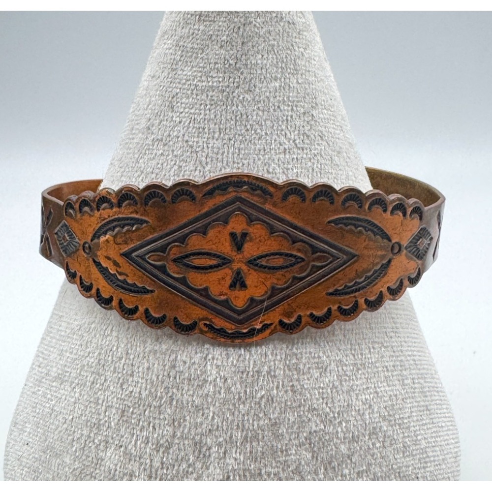 Vintage Copper Bracelet Cuff Southwestern Diamond Stamped